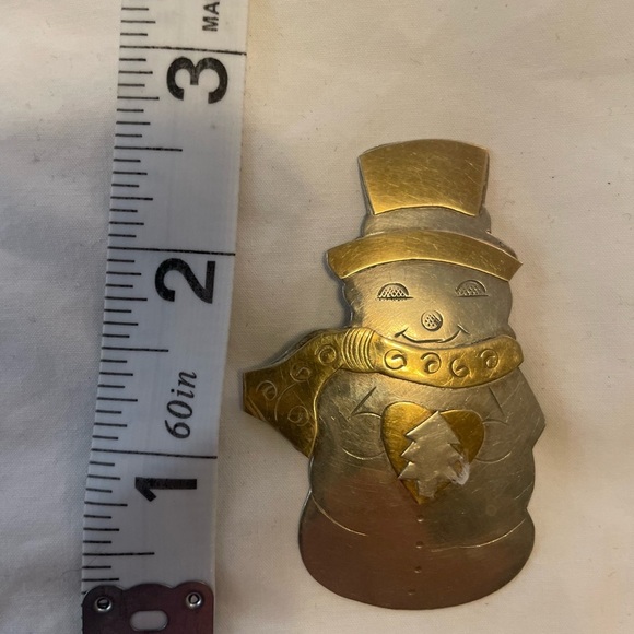 Silver and brass handcrafted Snowman pin. - Picture 2 of 5